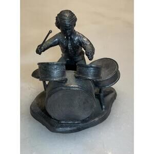 Vintage Michael Ricker Pewter Sculpture: Boy Playing Drum Set 1994